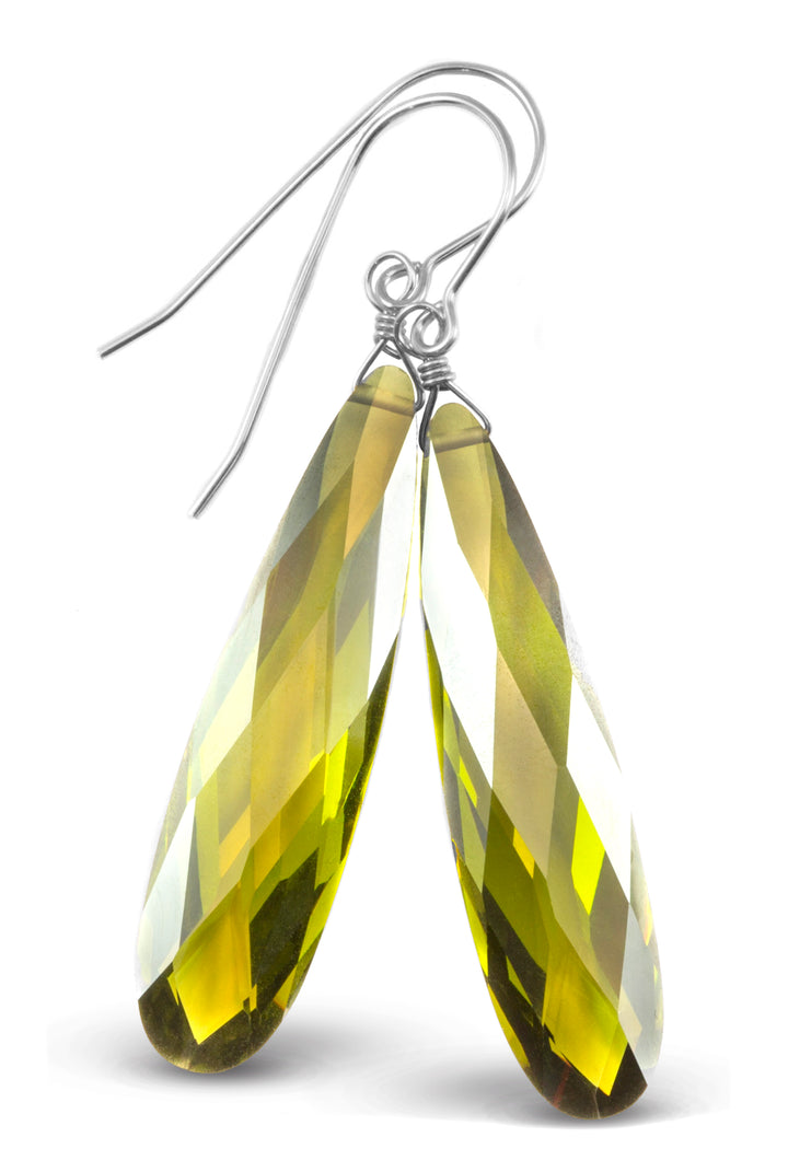 Peridot Green Cubic Zirconia Earrings Long Large Teardrops CZ 14k Solid Gold or Filled or Sterling Silver Faceted Simple 2 Inch Drops