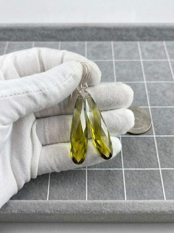 Peridot Green Cubic Zirconia Earrings Long Large Teardrops CZ 14k Solid Gold or Filled or Sterling Silver Faceted Simple 2 Inch Drops