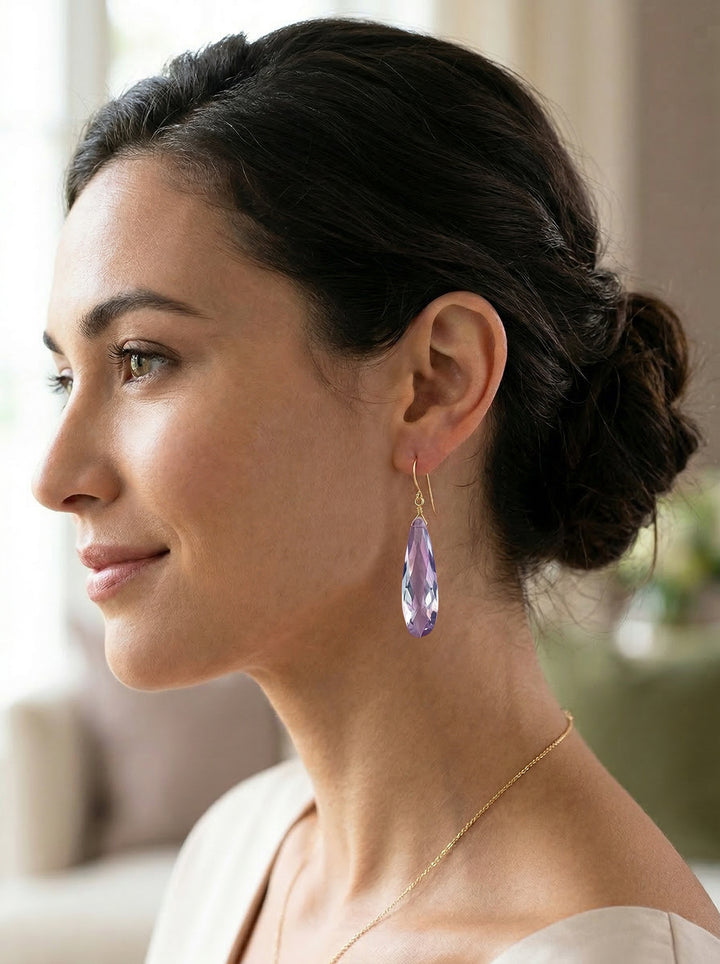 Cubic Zirconia Earrings 14k solid Gold or Filled or Sterling Silver Simulated Lavender Tanzanite Long Large Tear Drop CZ Simple 2 Inch