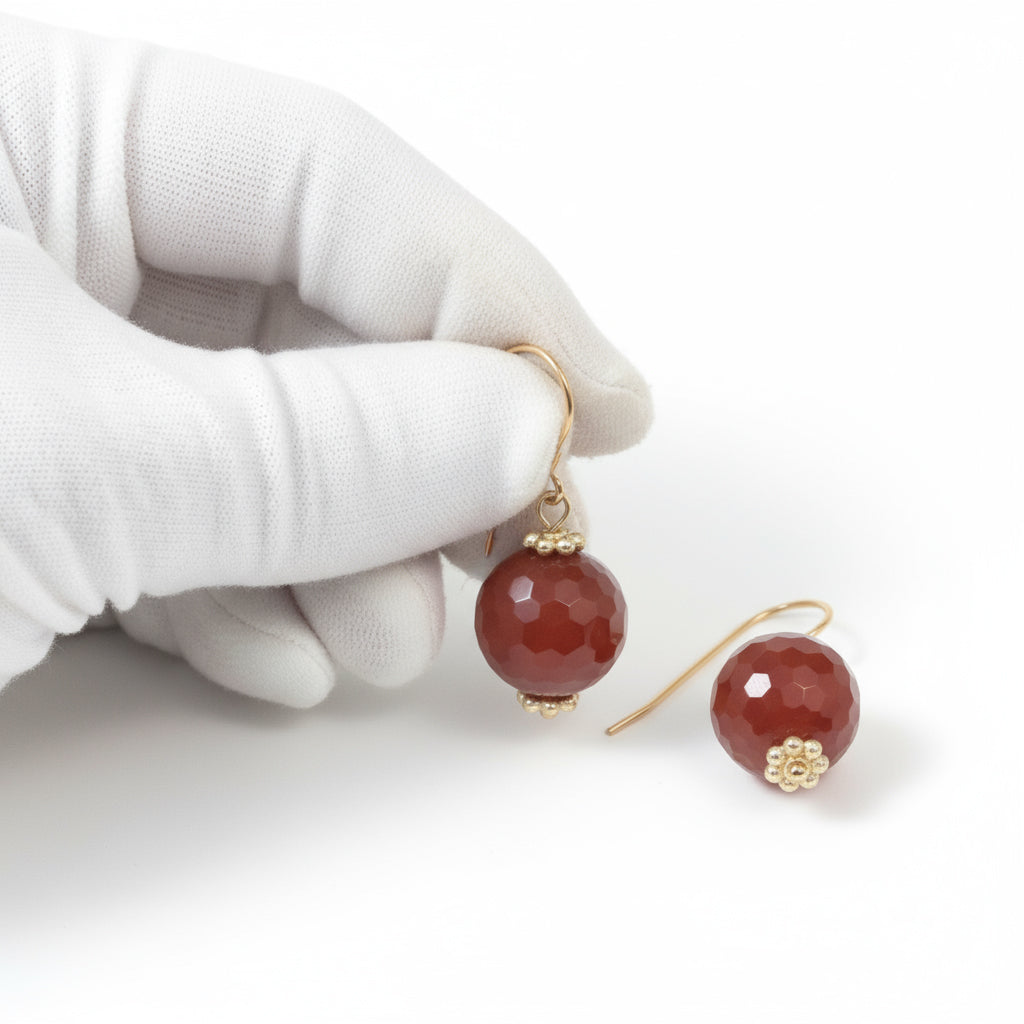 Carnelian Earrings Round Faceted Orange Chalcedony 14k Solid Gold or Filled or Sterling Silver Natural Rich Earthy Simple Drops