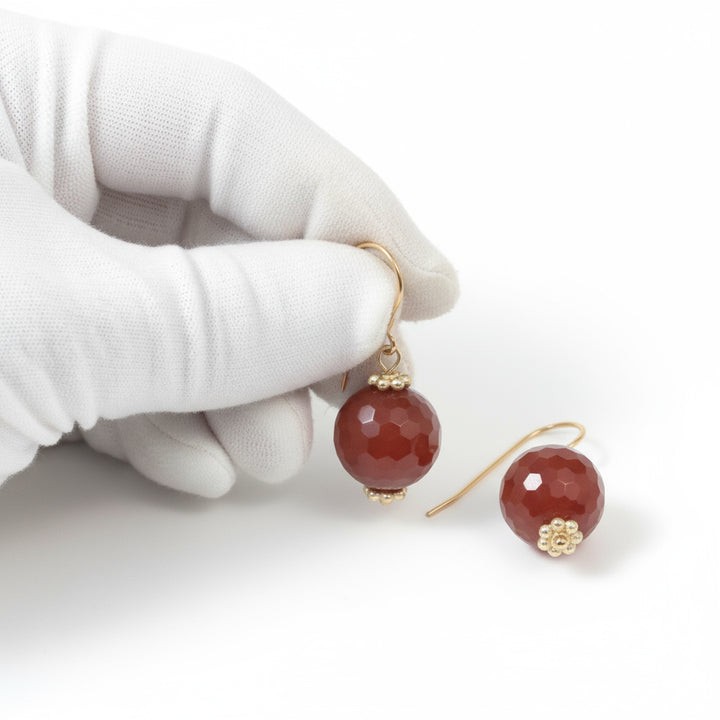 Carnelian Earrings Round Faceted Orange Chalcedony 14k Solid Gold or Filled or Sterling Silver Natural Rich Earthy Simple Drops