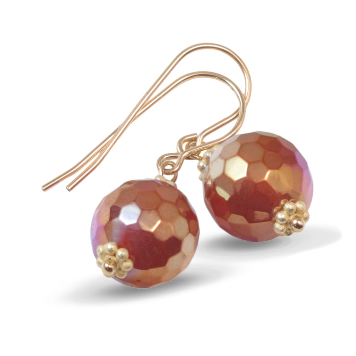 Carnelian Earrings Natural Orange Faceted Round Dangles Mystic Finish Sterling silver or 14k Solid Gold or Filled Earthy
