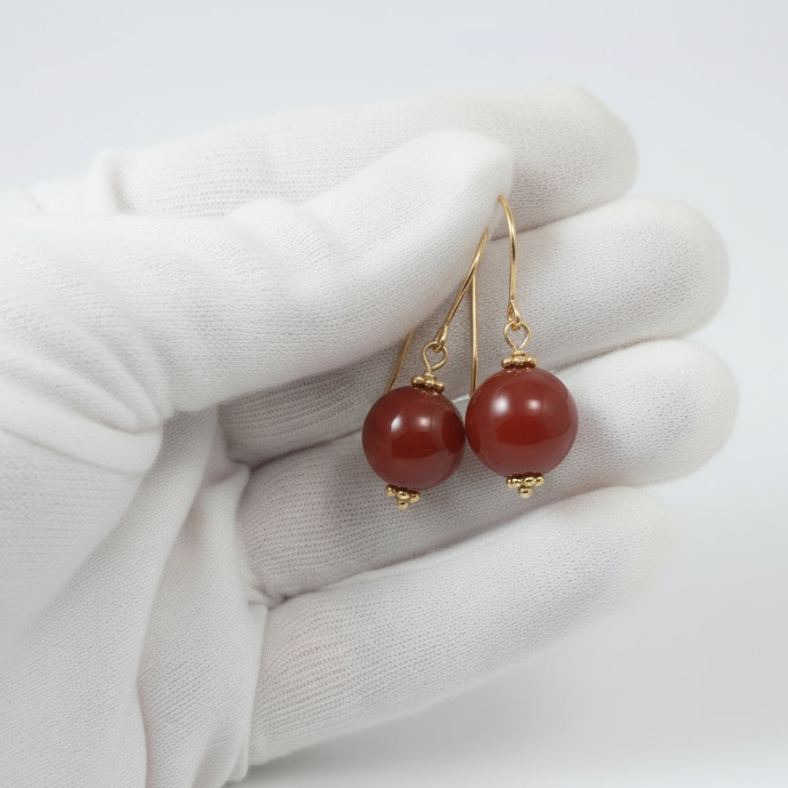 Carnelian Earrings Smooth Round Dangles Sterling Silver or 14k Solid Gold or Filled Natural earthy orange agate simple classic basic