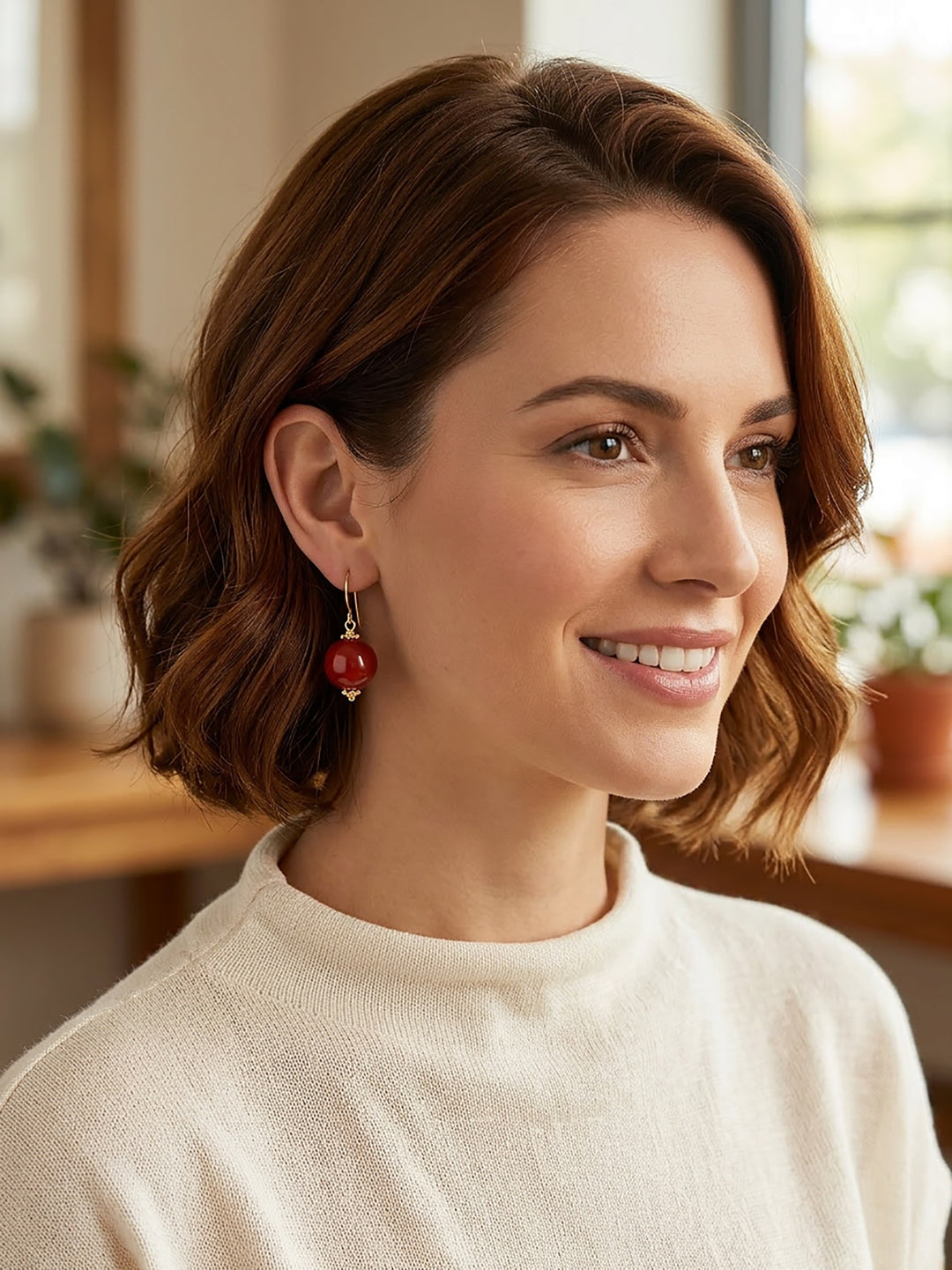 Carnelian Earrings Smooth Round Dangles Sterling Silver or 14k Solid Gold or Filled Natural earthy orange agate simple classic basic