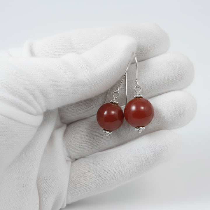 Carnelian Earrings Smooth Round Dangles Sterling Silver or 14k Solid Gold or Filled Natural earthy orange agate simple classic basic