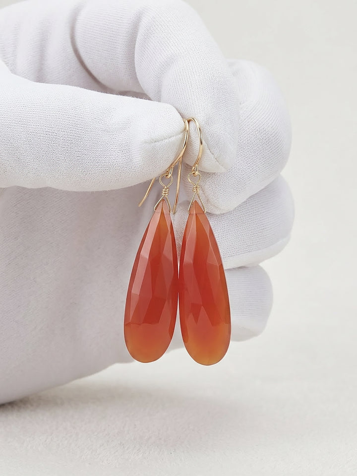 Carnelian Earrings Faceted Pear Long Large Teardrops 14k Solid Gold or Filled or Sterling Silver Orange Chalcedony Drops Natural Classic