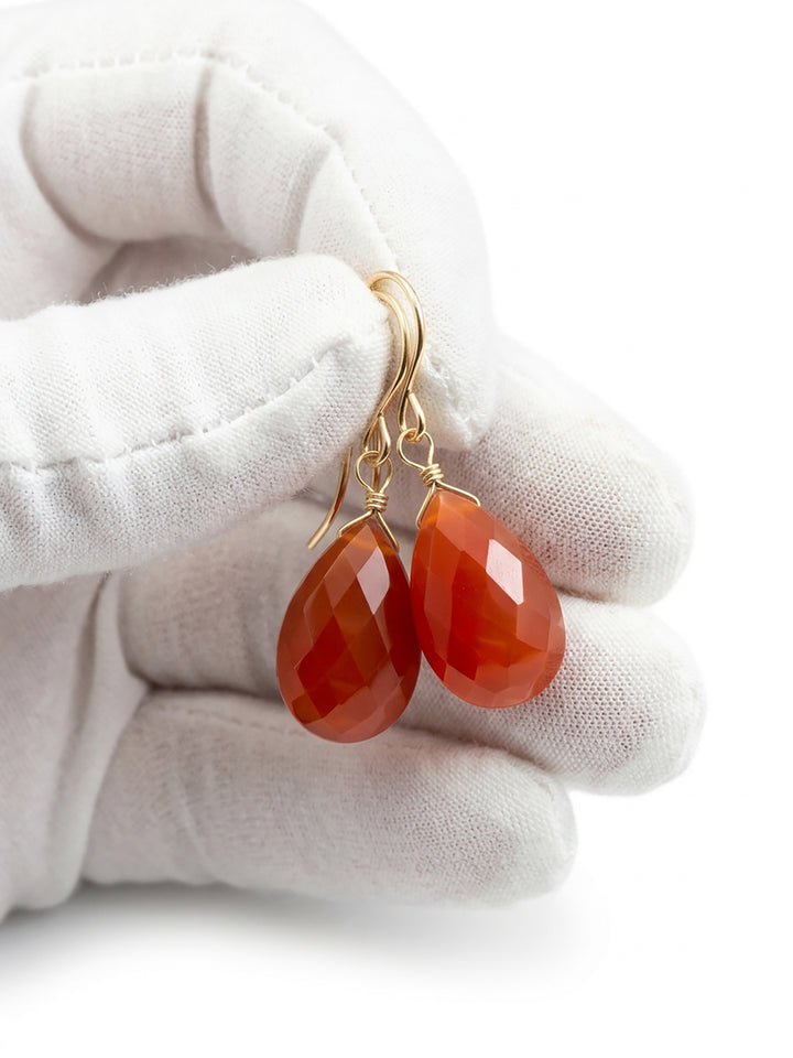 Carnelian Earrings Faceted Pear Burnt Orange Chalcedony drops 14k Solid Gold or Filled or Sterling Silver Dainty