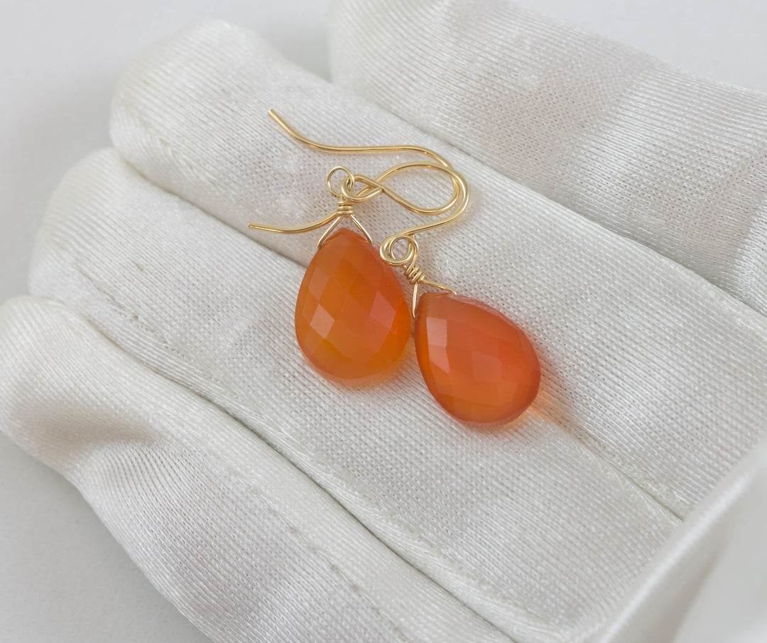Carnelian Earrings Faceted Pear Burnt Orange Chalcedony drops 14k Solid Gold or Filled or Sterling Silver Dainty