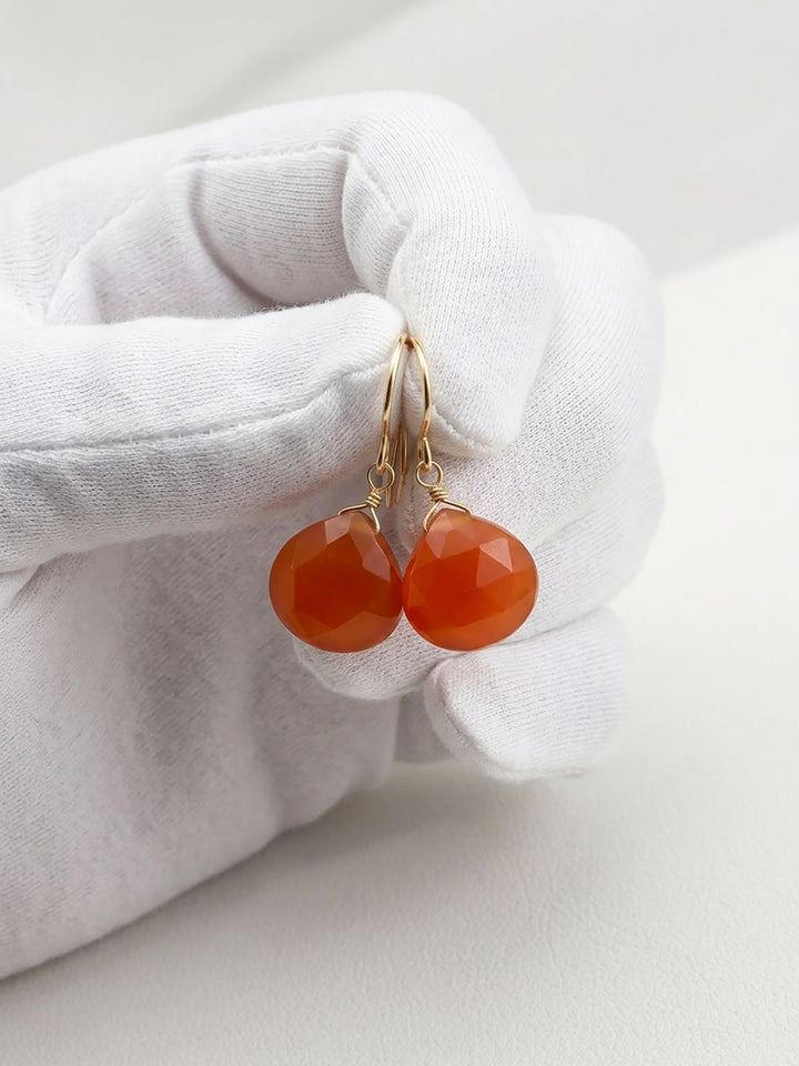 Carnelian Earrings Faceted Heart Burnt Orange Chalcedony dangles 14k Solid Gold or Filled or Sterling Silver Dainty