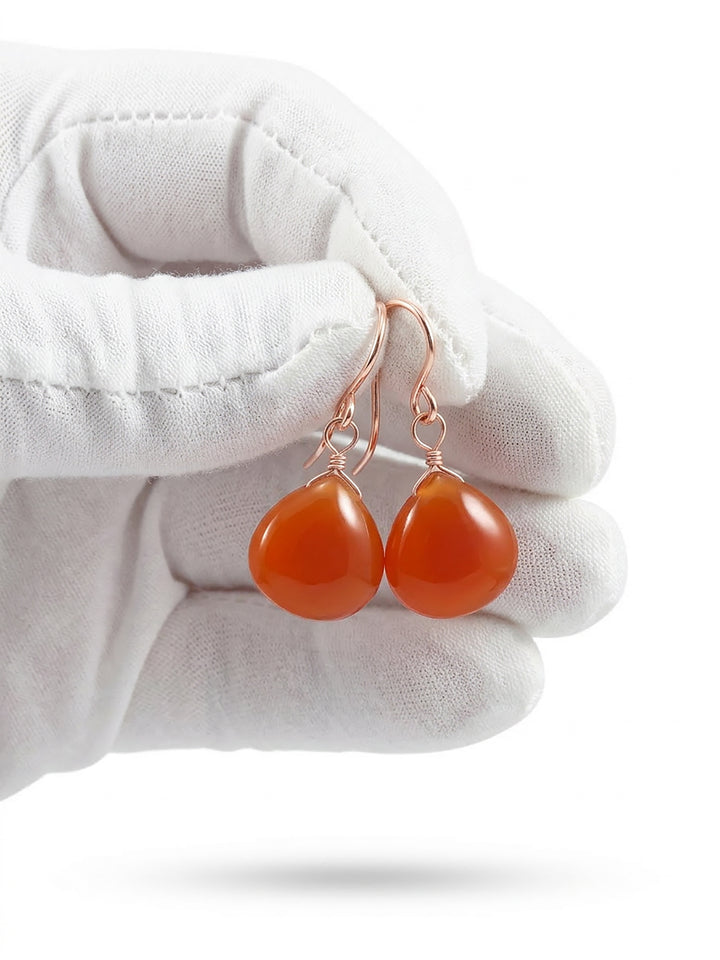 Carnelian Earrings Smooth Heart Burnt Orange Chalcedony drops 14k Solid Gold or Filled or Sterling Silver Dainty
