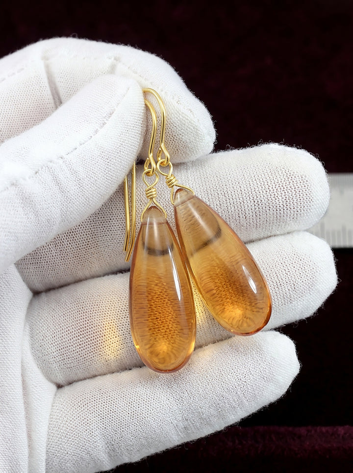 Yellow Long Simulated Citrine Earrings Smooth Teardropx Sterling Silver or 14k Solid Gold or 14k Filled Classic