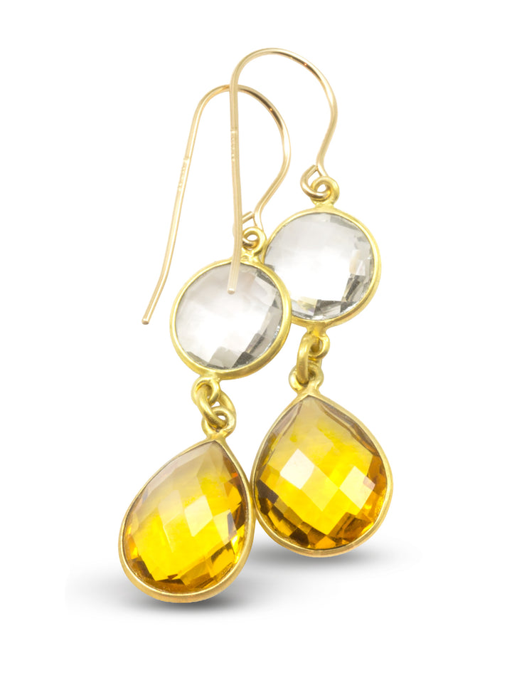 Yellow Simulated Citrine Quartz Earrings  faceted Teardrop Double Clear Quartz 14k solid gold or filled Bezel Set Spyglass Designs Simple