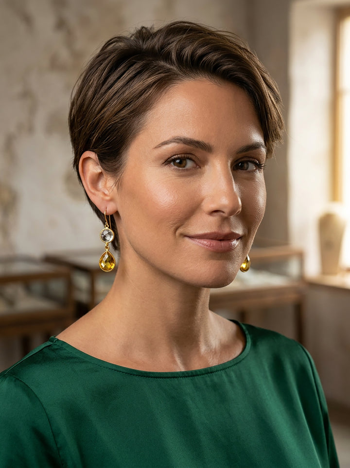 Yellow Simulated Citrine Quartz Earrings  faceted Teardrop Double Clear Quartz 14k solid gold or filled Bezel Set Spyglass Designs Simple