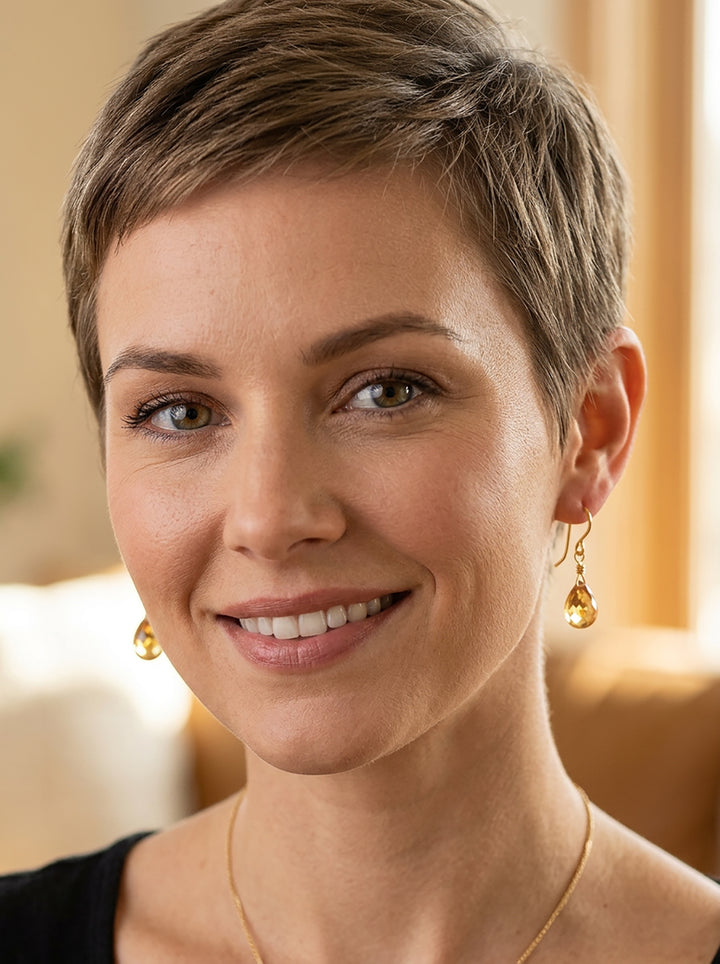 Yellow Citrine Earrings Natural Briolette Cut Gemstones 14k solid gold or 14k Gold filled Spyglass Designs Simple 2.2 Inches