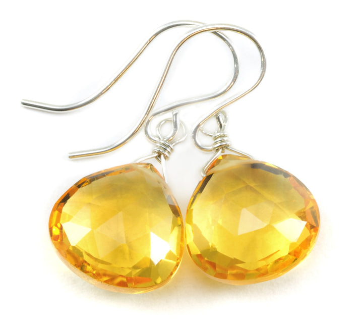 Yellow Citrine Quartz Earrings faceted Heart 14k solid gold or 14k gold filled or Sterling Silver Spyglass Designs Bright Yellow Simple Classic