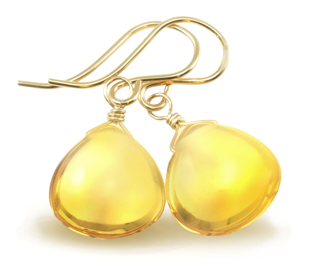 Yellow Citrine Earrings Smooth Sim Heart Drop 14k solid gold or filled or Sterling Silver Spyglass Designs Simple Teardrops Lightweight