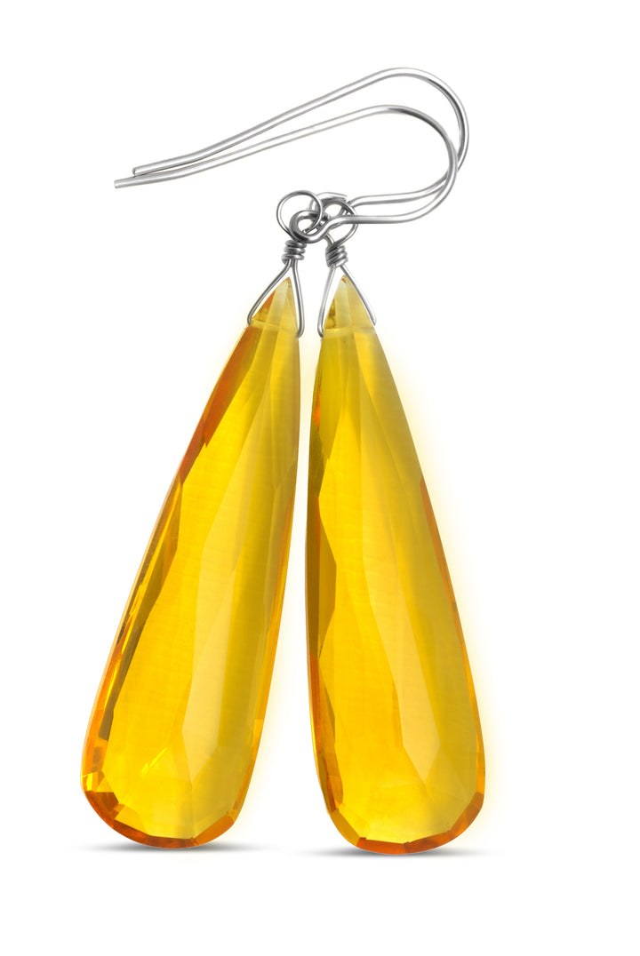 Yellow Citrine Earrings Large Faceted Simulate Briolette Long Drops 14k solid gold or filled or Sterling Silver Large Teardrops 2 Inch