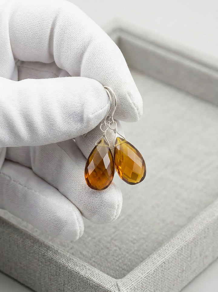 Madeira Simulated Citrine Earrings Faceted Pear Teardrops 14k solid gold or 14k Rose Gold Filled or Sterling Silver Spyglass Designs