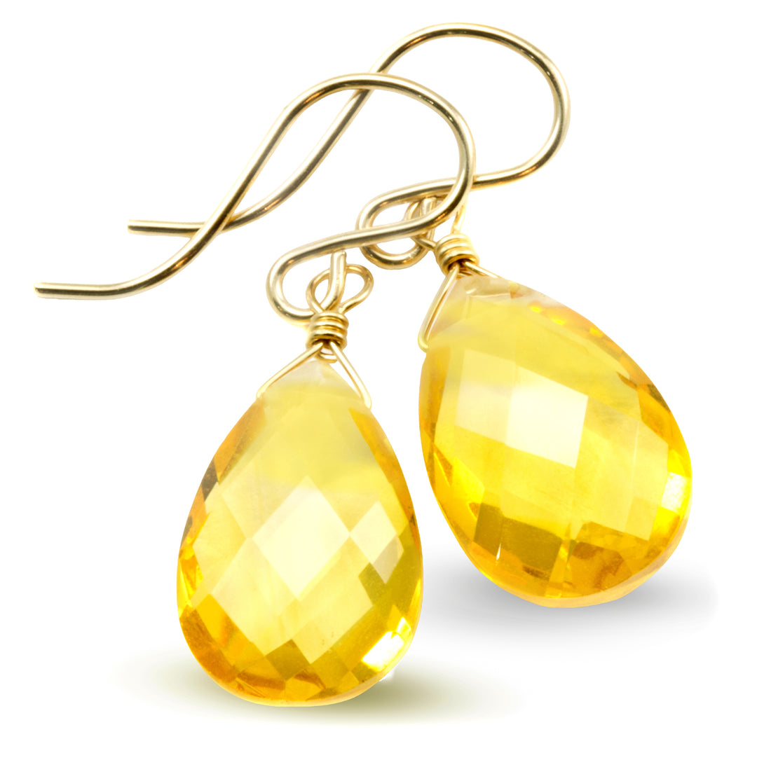 Yellow Citrine Quartz Earrings faceted Teardrop Dangle 14k gold filled or Sterling Silver Spyglass Designs Bright Yellow Pear Shaped Drops