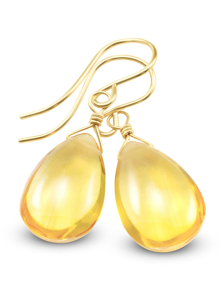 Yellow Simulated Citrine Earrings Smooth Teardrop Dangle 14k solid gold or filled or Sterling Silver Spyglass Designs Simple Basic Drops