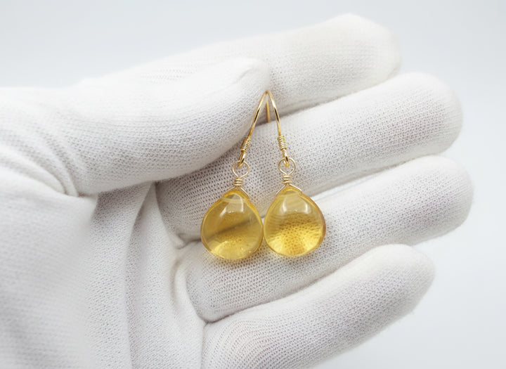 Yellow Citrine Earrings Smooth Sim Heart Drop 14k solid gold or filled or Sterling Silver Spyglass Designs Simple Teardrops Lightweight