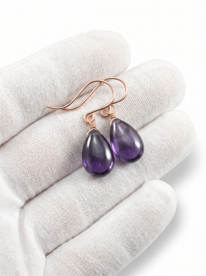 Purple Amethyst Cubic Zirconia Earrings Smooth Teardrop AAA CZ Sterling Silver or 14k Solid Gold or Filled Simple Dainty Lightweight Drops