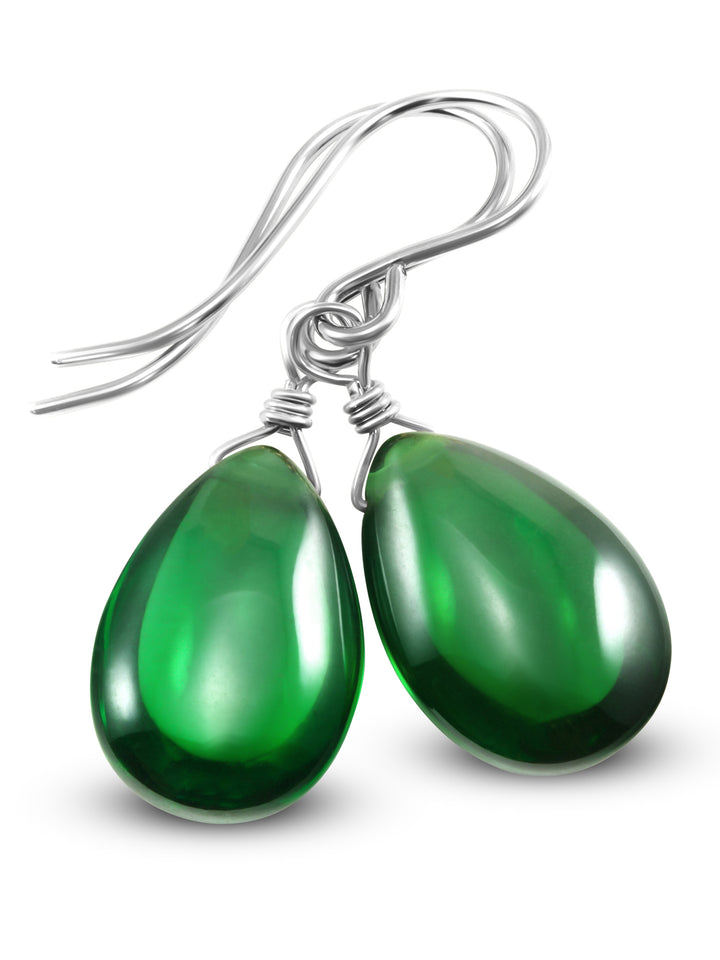 Cubic Zirconia Earrings Sterling Silver or 14k Gold Green Smooth 1 Inches