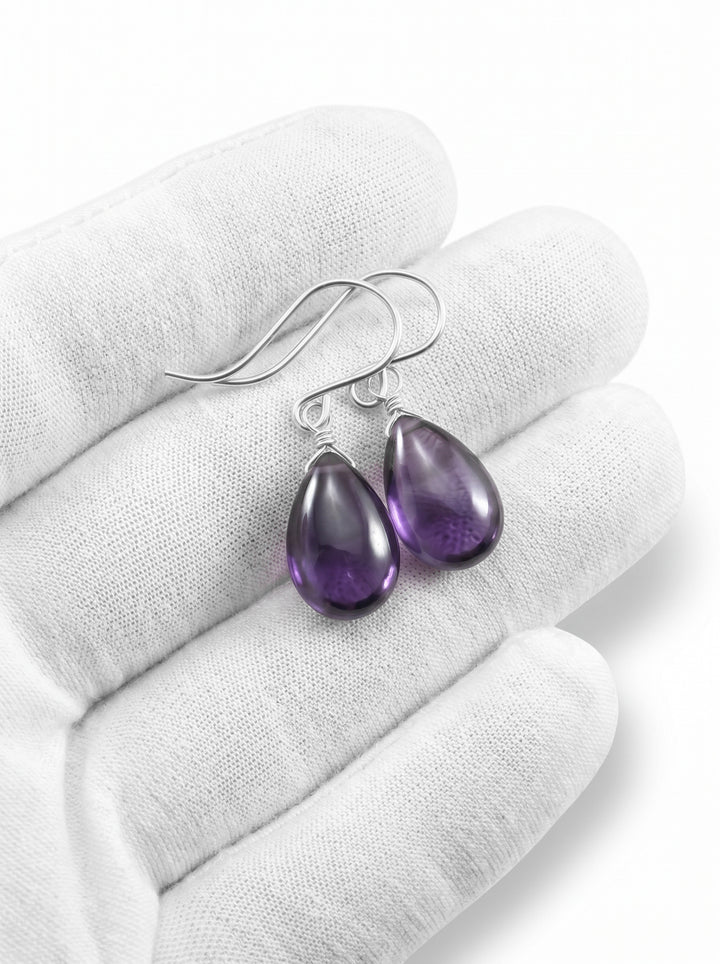 Purple Amethyst Cubic Zirconia Earrings Smooth Teardrop AAA CZ Sterling Silver or 14k Solid Gold or Filled Simple Dainty Lightweight Drops