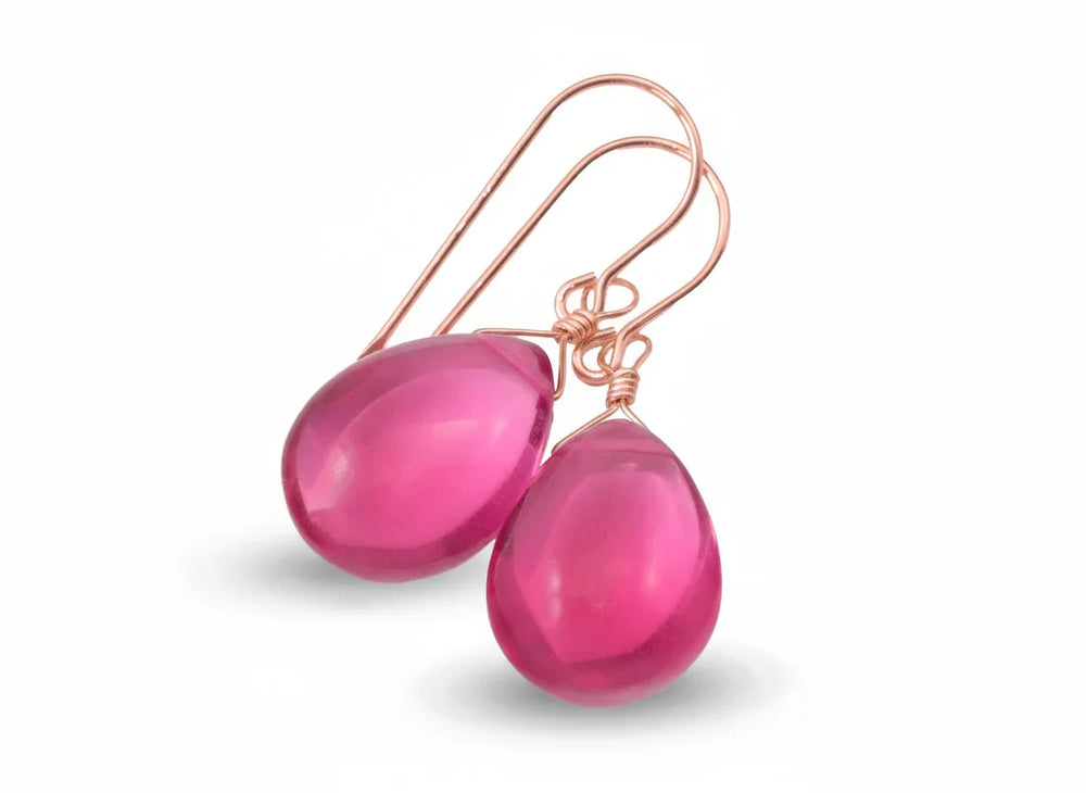 Simulated Sapphire Earrings Hot Pink Smooth Pear Bright Fuchsia Magenta