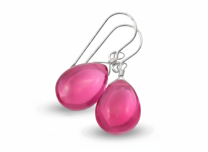 Hot Pink Earrings Smooth Pear Simulated Sapphire Teardrop Drops Dangle Sterling Silver or 14k Solid Gold  or Filled Bright Fuchsia Magenta