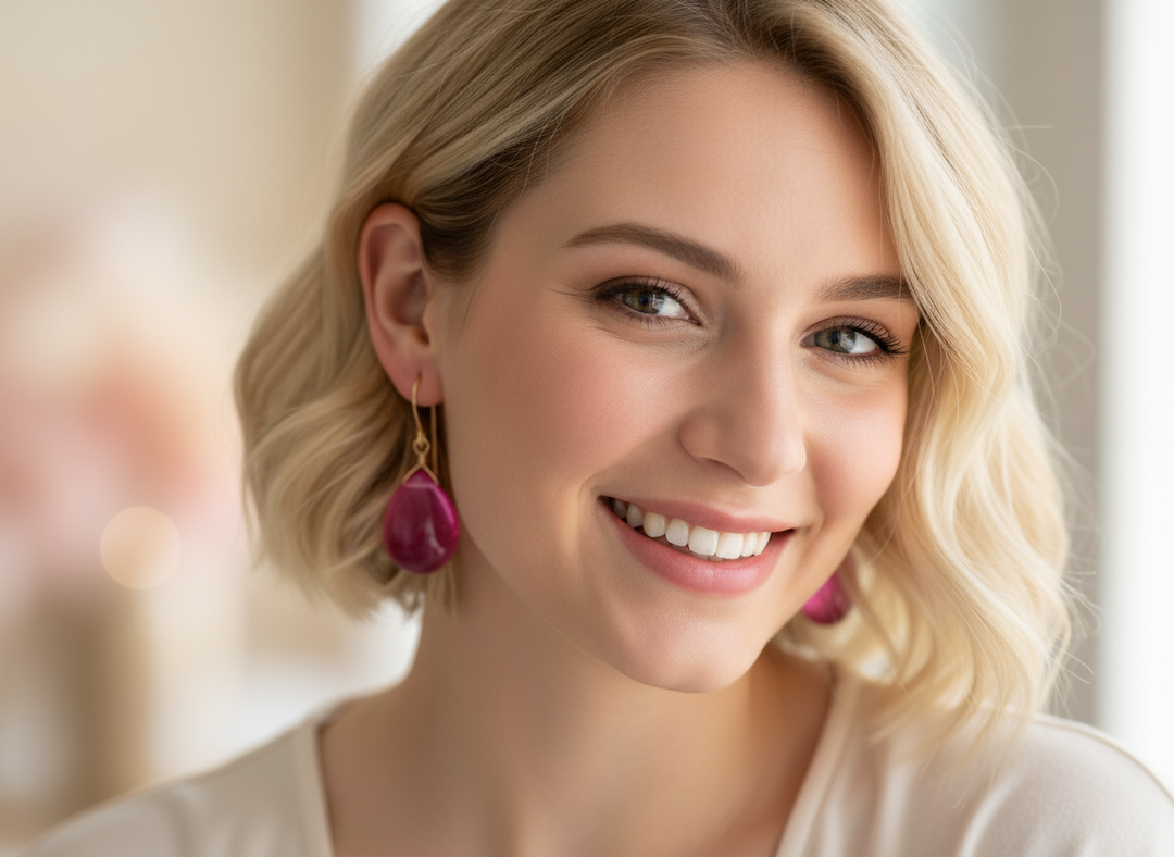 Hot Pink Earrings Smooth Pear Simulated Sapphire Teardrop Drops Dangle Sterling Silver or 14k Solid Gold  or Filled Bright Fuchsia Magenta