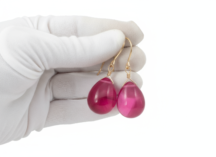 Hot Pink Earrings Smooth Pear Simulated Sapphire Teardrop Drops Dangle Sterling Silver or 14k Solid Gold  or Filled Bright Fuchsia Magenta