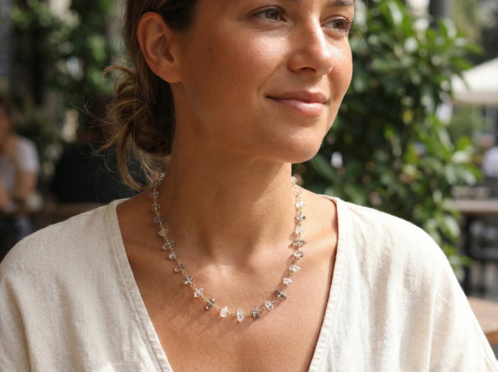 Herkimer Diamond Necklace Faceted Spaced Link 14k Gold Filled  18 19 Inches Double Terminated Clear Tourmalated Quartz Black Rutile