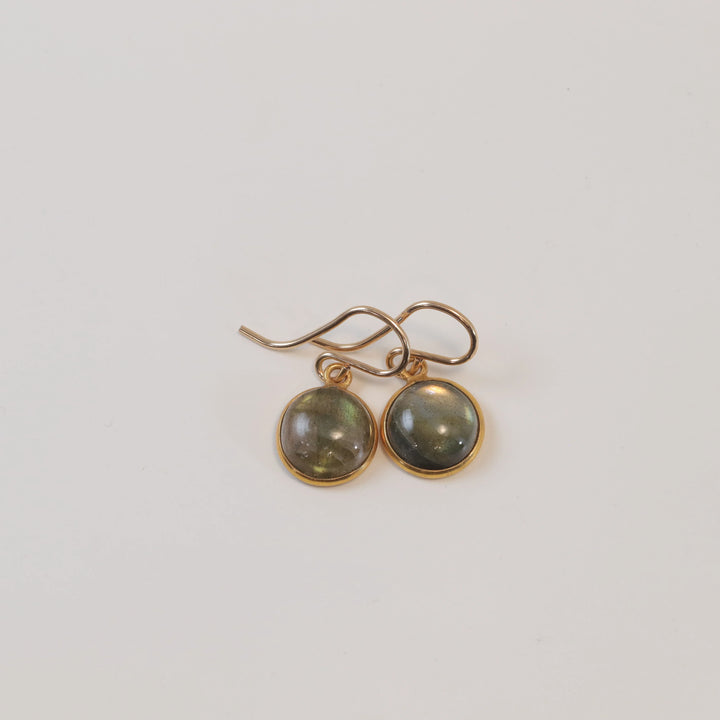 Blue Flash Labradorite Earrings Small Simple Drops Bezel Set Round Drop Dangle Solid 14k Gold or Filled or Sterling Silver Dainty Daily - Spyglass Designs