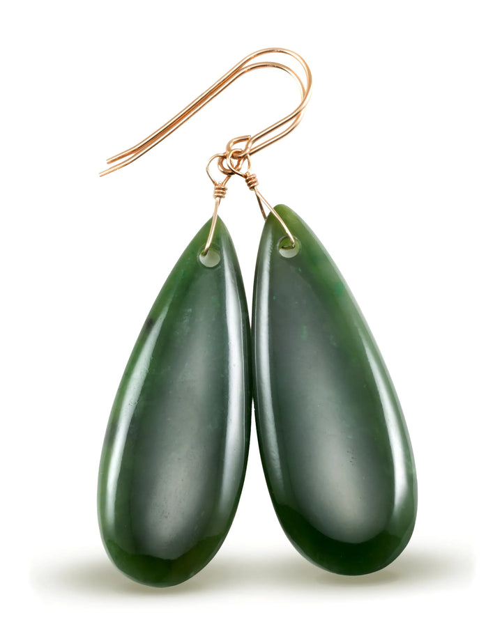 Green Jade Earrings Natural Nephrite Smooth Super Large Teardrop 14k solid gold or filled or Sterling Silver Simple Classic Drops Long Real - Spyglass Designs