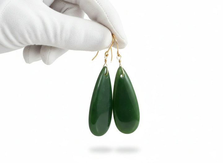 Green Jade Earrings Natural Nephrite Smooth Super Large Teardrop 14k solid gold or filled or Sterling Silver Simple Classic Drops Long Real - Spyglass Designs