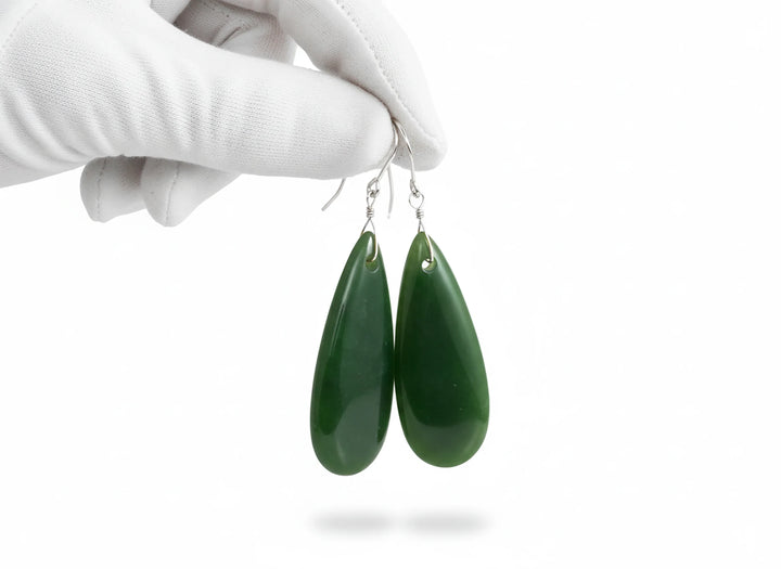 Green Jade Earrings Natural Nephrite Smooth Super Large Teardrop 14k solid gold or filled or Sterling Silver Simple Classic Drops Long Real - Spyglass Designs