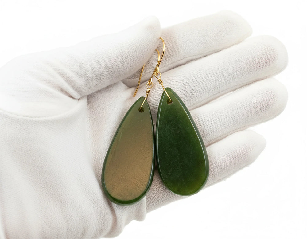 Green Jade Earrings Natural Nephrite Smooth Large Teardrop 14k gold or filled or Sterling Silver Simple Classic Cut thin Drops Long Real - Spyglass Designs