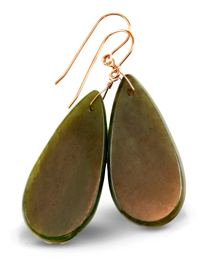 Green Jade Earrings Natural Nephrite Smooth Large Teardrop 14k gold or filled or Sterling Silver Simple Classic Cut thin Drops Long Real - Spyglass Designs