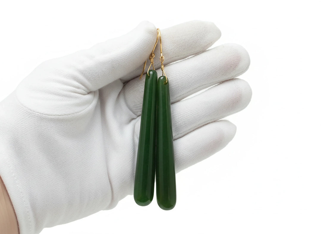 Green Jade Earrings Natural Nephrite Skinny Narrow Long Teardrop 14k solid gold or filled or Sterling Silver 3 Inch Special Cut Earthy Green - Spyglass Designs