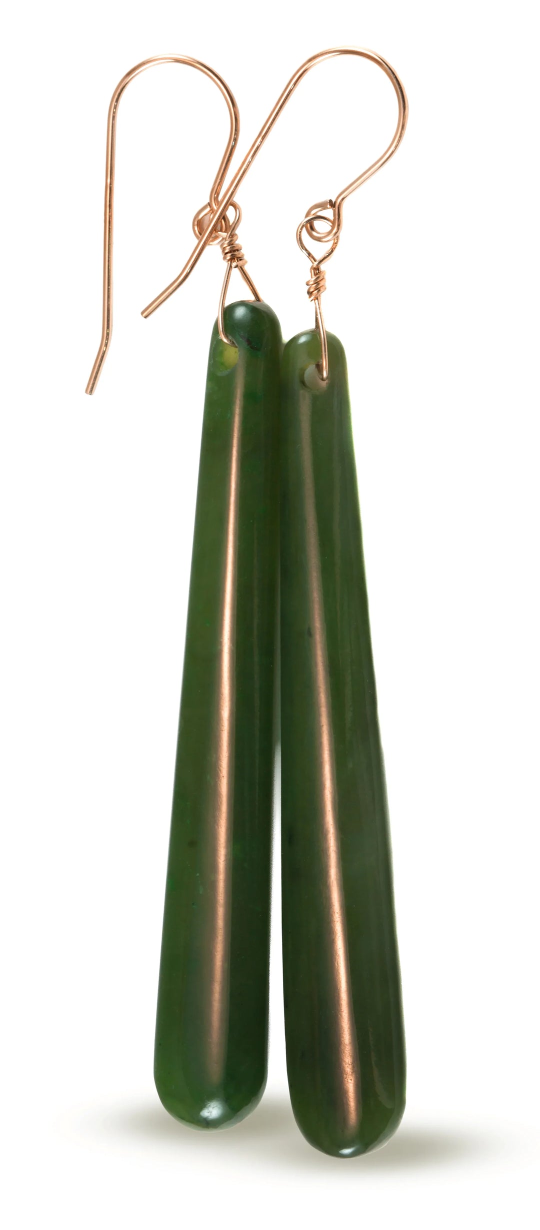 Green Jade Earrings Natural Nephrite Skinny Narrow Long Teardrop 14k solid gold or filled or Sterling Silver 3 Inch Special Cut Earthy Green - Spyglass Designs