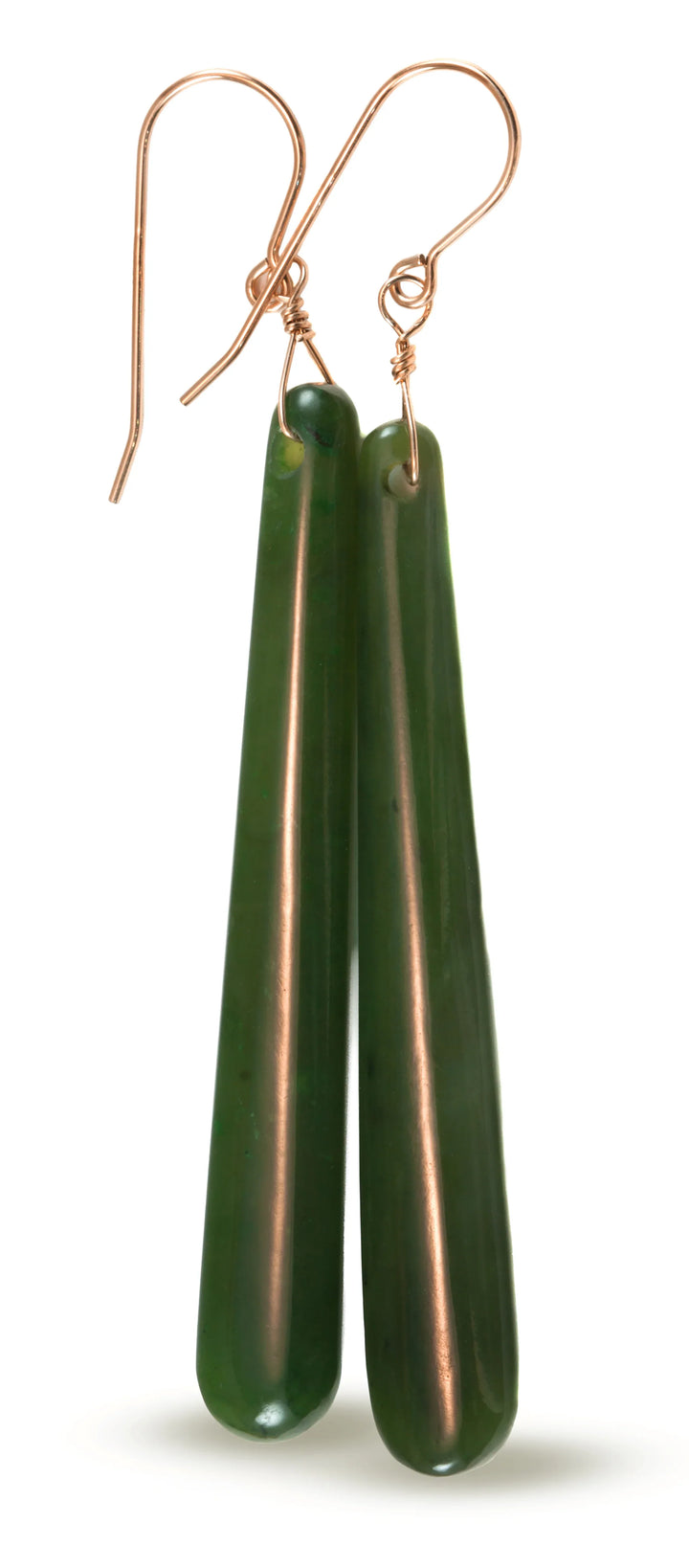 Green Jade Earrings Natural Nephrite Skinny Narrow Long Teardrop 14k solid gold or filled or Sterling Silver 3 Inch Special Cut Earthy Green - Spyglass Designs