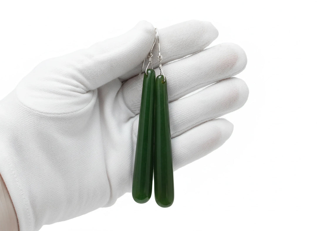 Green Jade Earrings Natural Nephrite Skinny Narrow Long Teardrop 14k solid gold or filled or Sterling Silver 3 Inch Special Cut Earthy Green - Spyglass Designs
