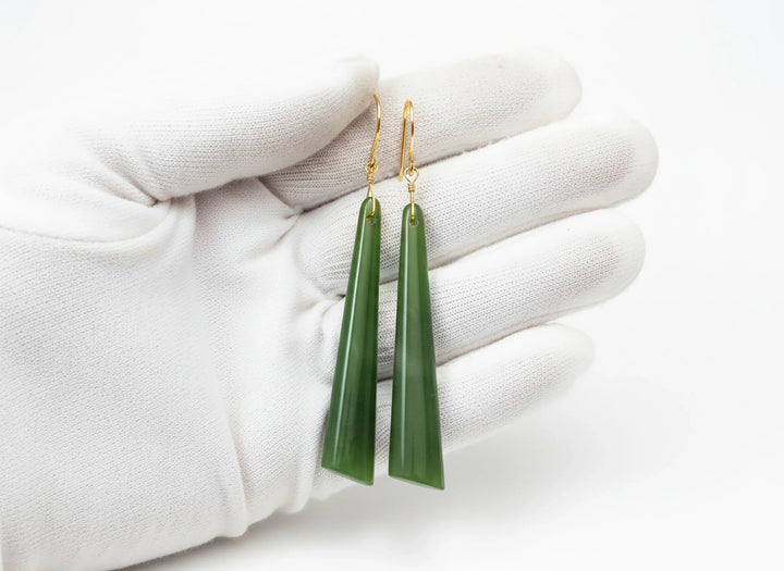 Green Jade Earrings Natural Nephrite Smooth Long Skinny 14k solid gold or filled or Sterling Silver Simple Contemporary thin Drops Long 2.7" - Spyglass Designs