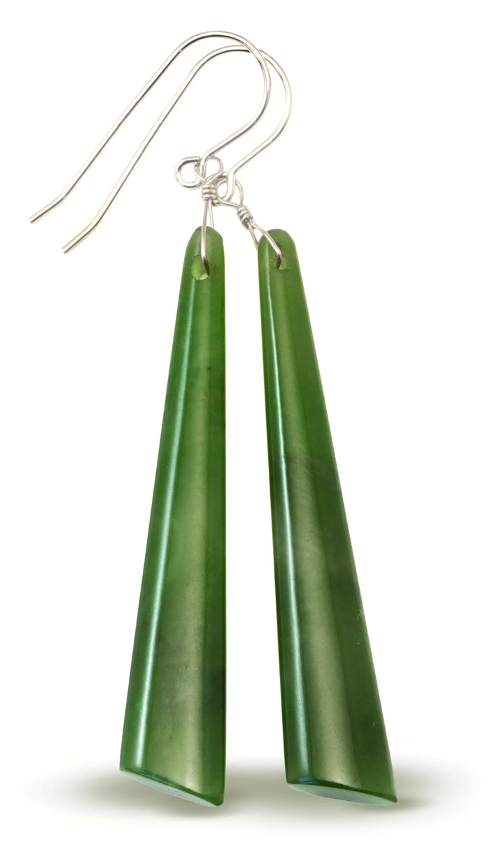 Green Jade Earrings Natural Nephrite Smooth Long Skinny 14k solid gold or filled or Sterling Silver Simple Contemporary thin Drops Long 2.7" - Spyglass Designs