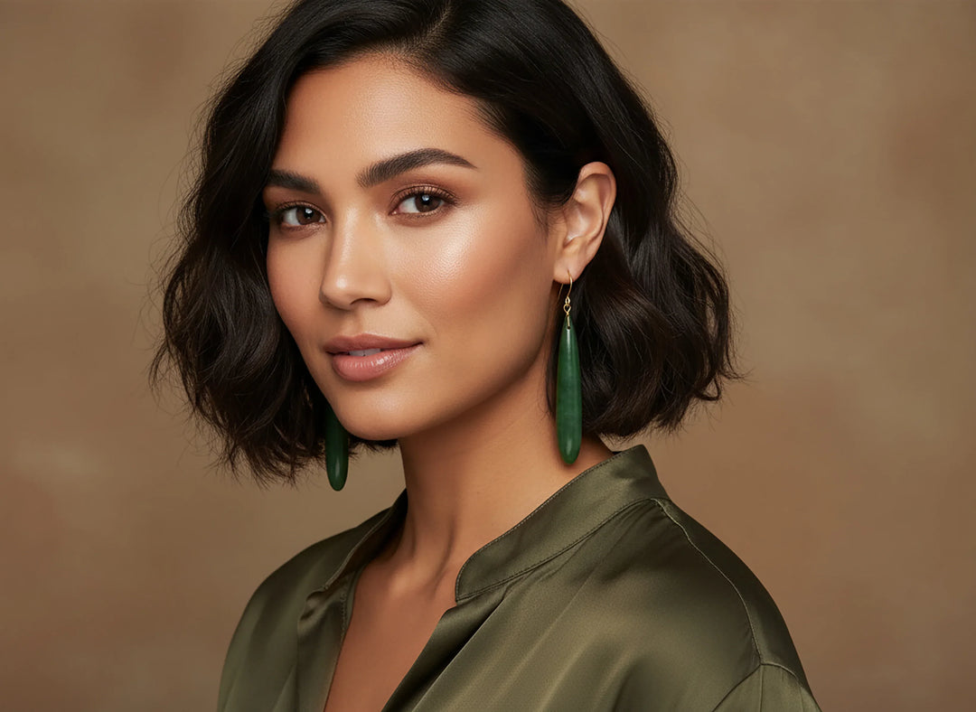 Green Jade Earrings Natural Nephrite Skinny Long Teardrop 14k solid gold or filled or Sterling Silver Rich Real Earthy Simple Cut Drops - Spyglass Designs
