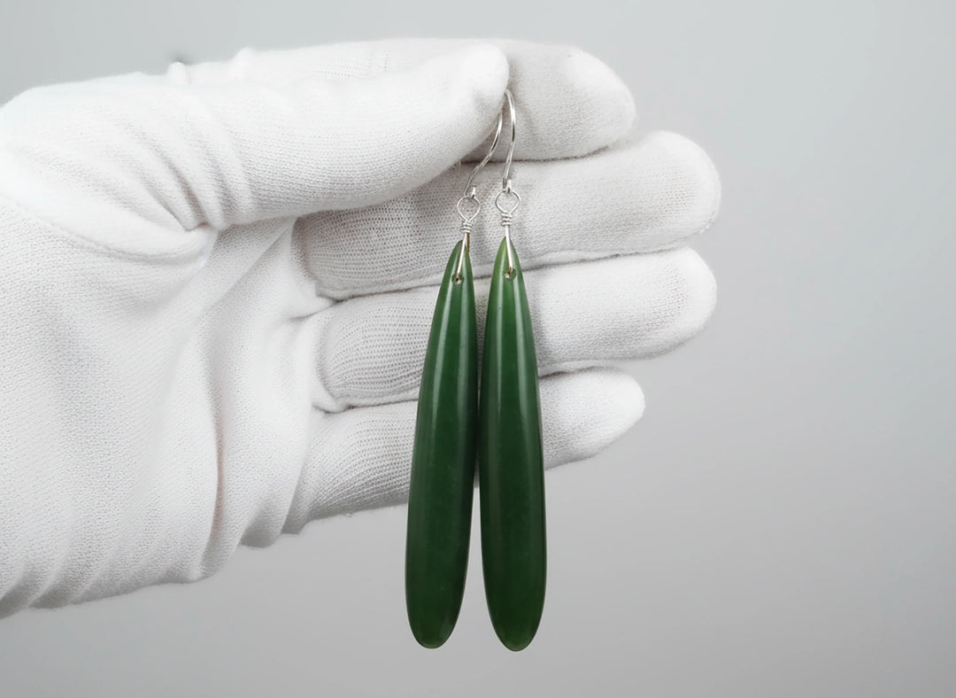 Green Jade Earrings Natural Nephrite Skinny Long Teardrop 14k solid gold or filled or Sterling Silver Rich Real Earthy Simple Cut Drops - Spyglass Designs