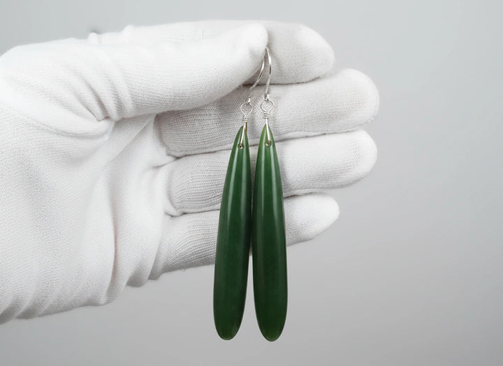 Green Jade Earrings Natural Nephrite Skinny Long Teardrop 14k solid gold or filled or Sterling Silver Rich Real Earthy Simple Cut Drops - Spyglass Designs