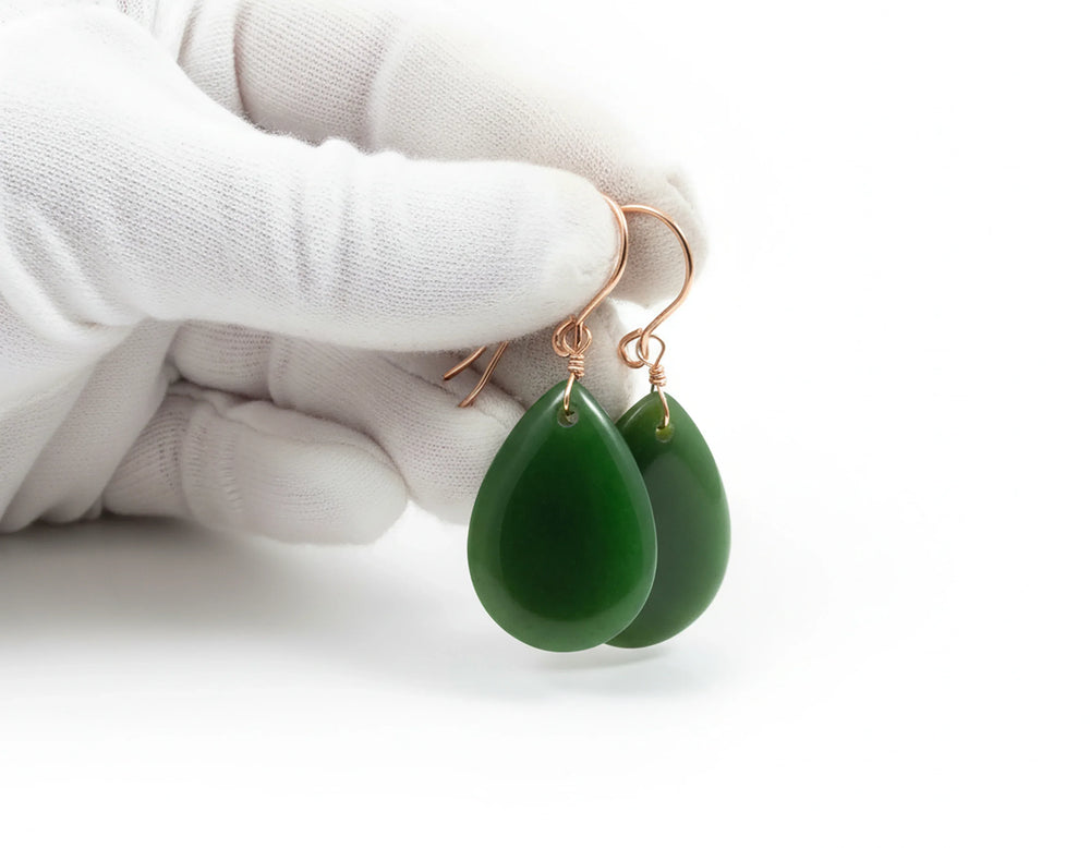 Jade Earrings Natural Green Nephrite Smooth Fat Teardrop Drops 14k Solid Gold or Filled or Sterling Silver Earthy Rich Green classic simple - Spyglass Designs