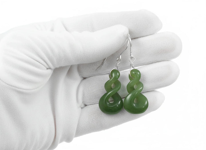 Natural Nephrite Green Jade Earrings Carved Triple Infinity Teardrop 14k solid yellow gold or filled or Sterling Silver unique simple drops - Spyglass Designs